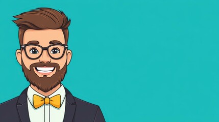 A vibrant and playful illustration of a joyful bearded man in a suit and bow tie, set against a clean backdrop.