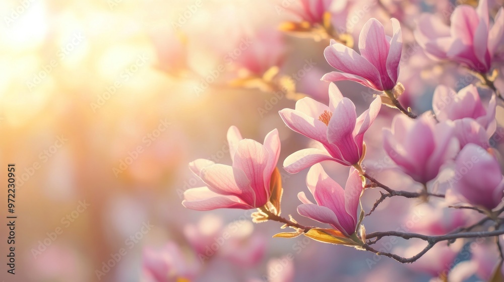 Poster Pink Magnolia Blossoms in the Golden Hour