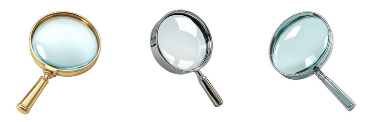 A 3D icon of a magnifying glass with a transparent background.
