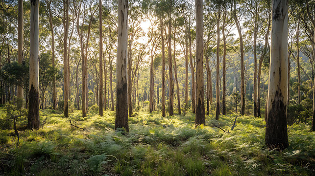 A vibrant eucalyptus forest with tall trees and lush greenery, typical of Australian flora 