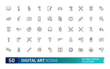 Digital Art outline icons collections, styles, examples, forms of art. Linear icon collection. Thin line editable stroke sign. Editable stroke. Vector illustration