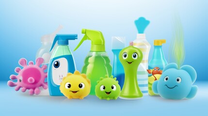 Colorful Sponges, Cleaning Product Bottles With Spray Nozzles, Isolated On A Light Blue Background