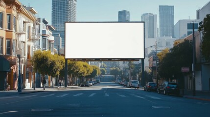 Blank Billboard in Urban City Street with Cars and Buildings