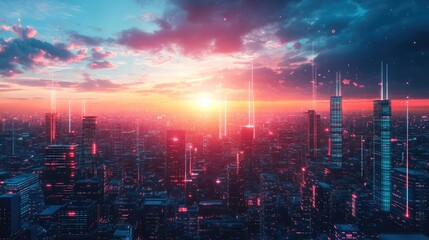 Fototapeta premium A futuristic cityscape at sunset, with neon lights and a glowing sky.