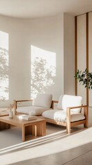 Fototapeta premium Clean minimalist room with functional furniture, emphasizing pure form and simplicity of design.