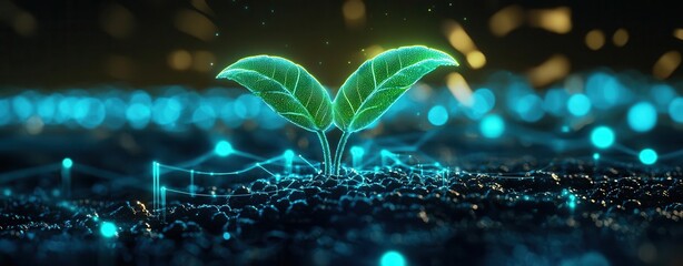 A conceptual tech seed growing into a web of strategic business technologies, surrounded by market trends and data analytics, dynamic and futuristic, ultra-realistic, 4k