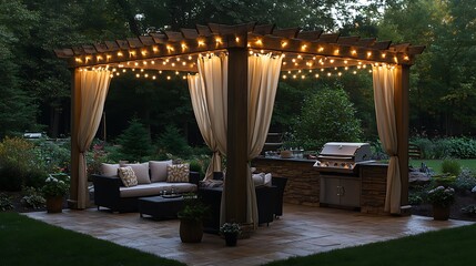 Fototapeta premium A serene pergola BBQ patio with a wooden pergola wrapped in string lights, comfortable seating, outdoor curtains providing shade, and a sleek grill station,