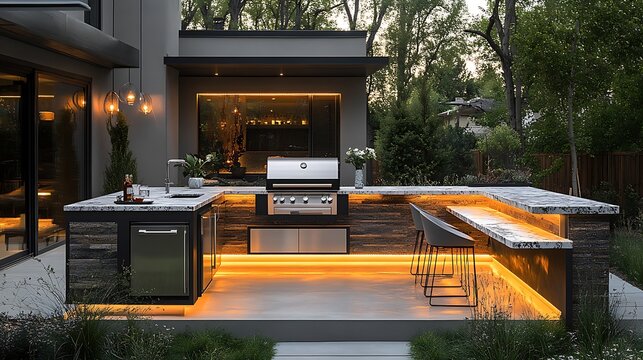 A sleek contemporary outdoor kitchen with a built-in stainless steel grill, a marble countertop, a refrigerator, and modern bar seating,