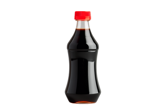 Bottle of soy sauce with a red cap isolated on a white transparent background. Condiment concept.