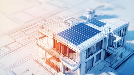 house blueprint with green power panel. Sketch of residential building with solar rooftop. 3D draft print. Modern ecological design. 