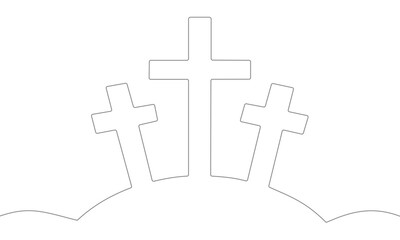 The cross is one line. Three crosses on the hill are drawn with one line. Vector graphics
