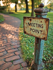 An aged "Meeting Point" sign stands on a rustic pillar beside a brick path in a park. The soft sunlight filtering through the trees creates a peaceful, inviting atmosphere, ideal for gatherings.