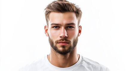 Obraz premium Intense Close-up of a Focused Male Soccer Player on White Background