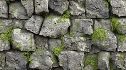 Fototapeta premium A mossy stone wall with rough, uneven textures.
