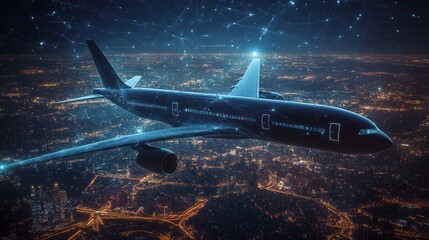 A digital representation of an airplane flying over a city at night, showcasing technology.