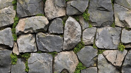 Obraz premium A close-up of a stone wall with moss growing in the cracks.