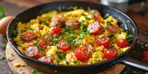 SautÃƒÂ©ed eggs with sausage, tomatoes, peppers, and herbs in a skillet.