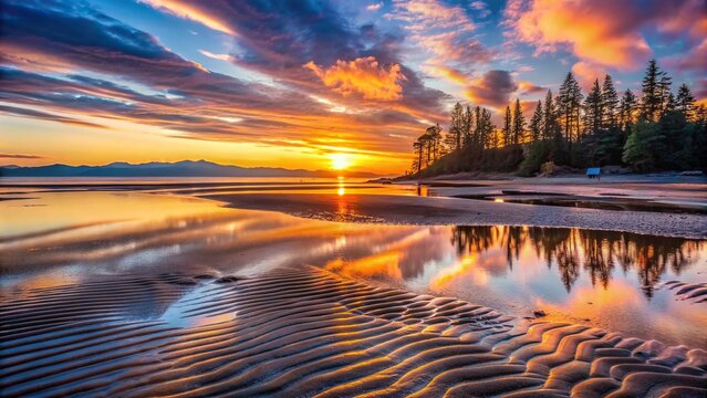 reflection, scenic, Parksville, water, A stunning sunrise at low tide in Craig Bay Parksville British Columbia Vancouver Island with the captivating leading lines of the coastline