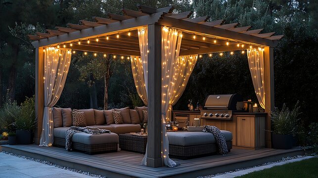 A stylish pergola BBQ area with a wooden pergola draped in string lights, cozy cushioned seating, outdoor curtains for shade, and a built-in grill, creating an inviting space for evening gatherings. - Powered by Adobe