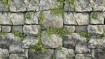 A close up of a stone wall with vines growing along it.