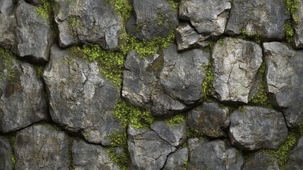 Fototapeta premium A close-up of a rough, mossy stone wall.