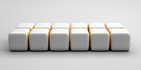 Row of white cubes is standing on a white background, forming a rectangular shape