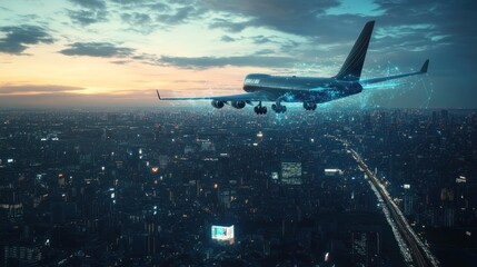 Naklejka premium A futuristic airplane flying over a cityscape at sunset, enhanced with digital effects.