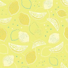 Seamless Vintage Pattern with Yellow Lemons and Green Dots, Citrus Fruit Illustration for Wallpaper and Backgrounds, Sweet and Cute Vector Summer Texture.