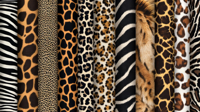 This is a collection of animal prints for fabrics. It includes patterns like leopard, giraffe, tiger, and zebra. The designs are seamless and can be used to create clothing or other items.