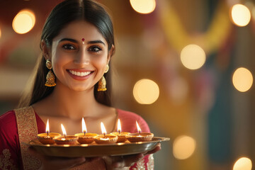 young indian woman celebrating diwali festival at home
