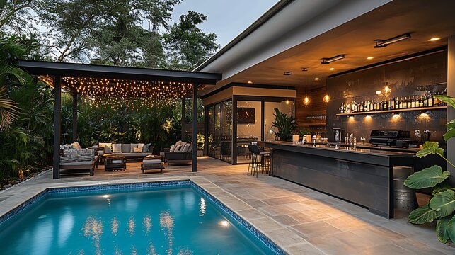 A vibrant BBQ and poolside area with a pergola adorned with fairy lights, tropical plants, and a sleek bar, all arranged by a sparkling blue pool under a clear evening sky,