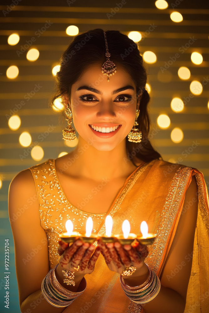 Wall mural young indian woman celebrating diwali festival at home