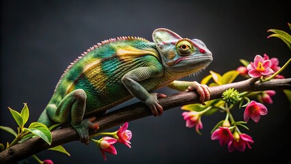 Obraz premium Chameleon on branch with flowers in studio on dark background