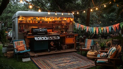 A vibrant vintage trailer BBQ scene with a retro-style grill, classic string lights hanging overhead, and quirky decor like old-fashioned lawn chairs and colorful bunting,