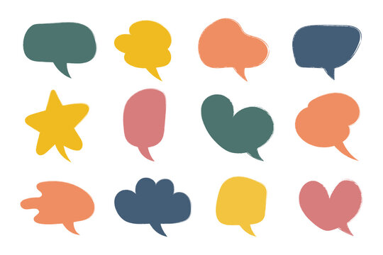Crayon drawn colourful speech bubbles icon set. Textured doodle dialog bubbles collection