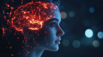 A woman's profile with a glowing red brain made of connecting lines and dots.