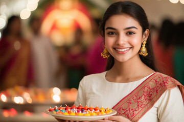 young indian woman holding colorful oil lamps in the plate