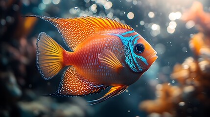 Obraz premium A vibrant fish swimming through a colorful underwater scene.