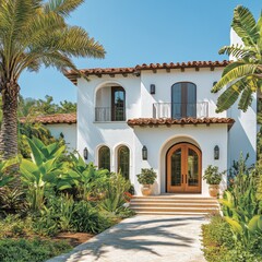 Fototapeta premium Mediterranean Style Home with Lush Tropical Landscaping and Palm Tree