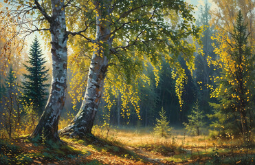Obraz premium Foggy morning in the autumn forest. Early morning in the forest.