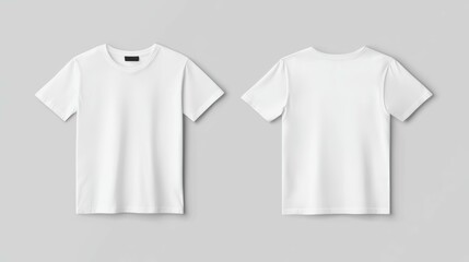 A plain white t-shirt mockup laying flat on a neutral surface, with both front and back views side by side for easy comparison.