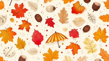Obraz premium Autumn Leaves Pattern with Umbrella and Pinecones