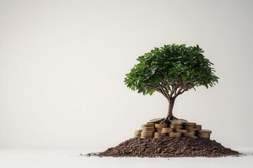 A vibrant tree growing on a mound of soil surrounded by coins