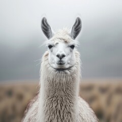 Obraz premium A serene portrait of a llama standing gracefully in a misty landscape, showcasing its calm demeanor and soft fur texture.