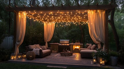 An outdoor BBQ area with a wooden pergola, string lights overhead, cozy lounge seating, and soft flowing curtains,