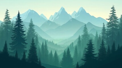 Fototapeta premium Misty mountain range with a forest of fir trees in the foreground.