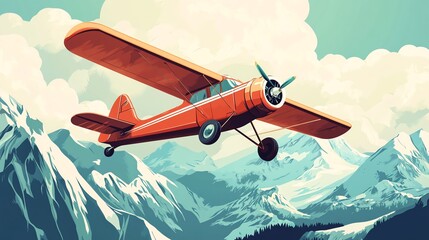 A vintage airplane flies through a breathtaking mountain range with snow-capped peaks and lush green trees.