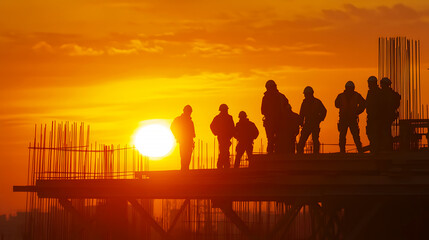 Naklejka premium group of construction workers is seen in silhouette, set against the brilliant hues of a rising sun