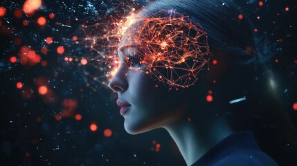 Obraz premium A woman's profile with a glowing network of lines and dots above her head, representing a concept of ideas, connection, or technology.