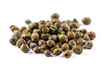 Obraz premium Close-up view of a pile of green seeds on a white background, ideal for use in agriculture or education illustrations